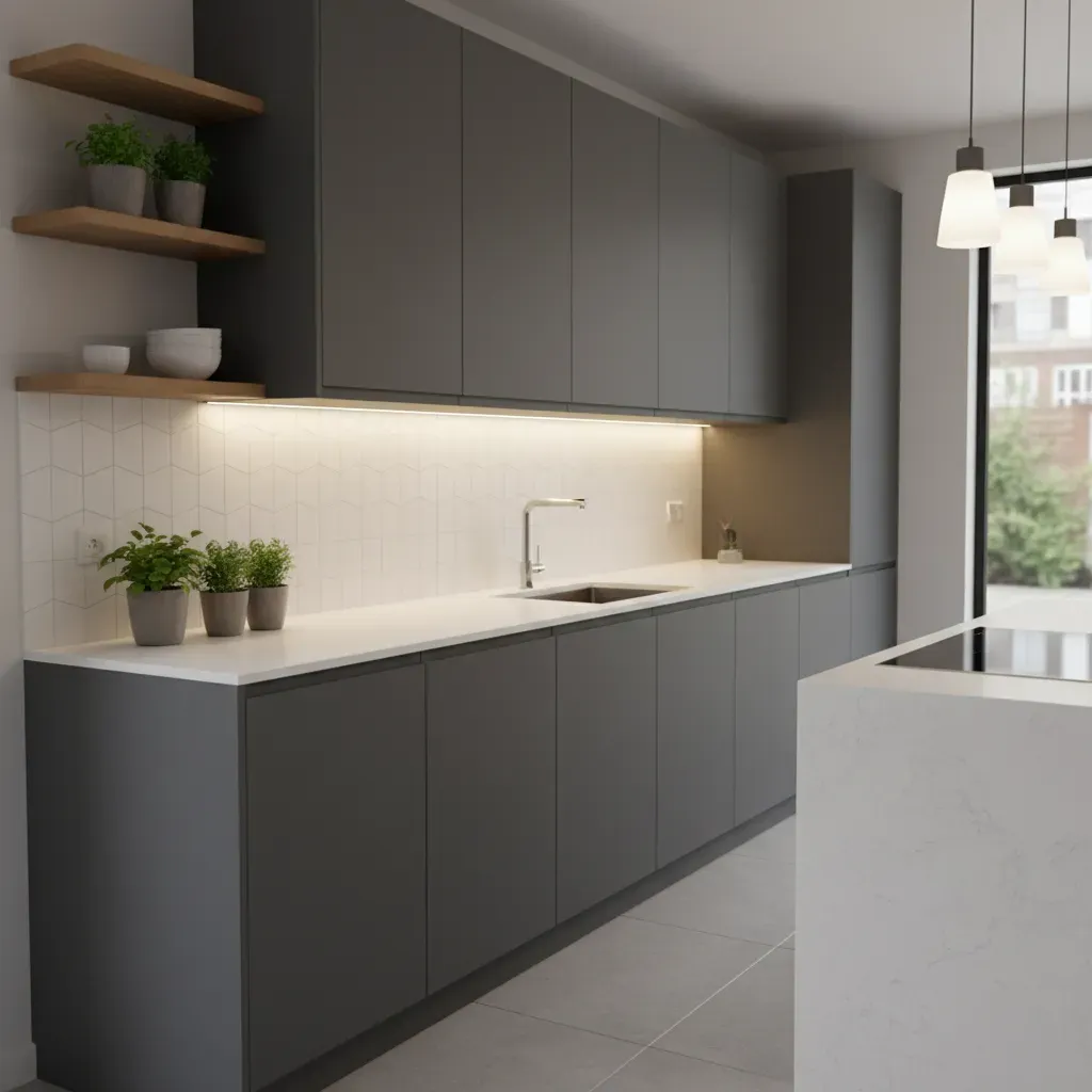 Modern kitchen with handleless cabinets and integrated LED under-cabinet lighting illuminating a quartz countertop.